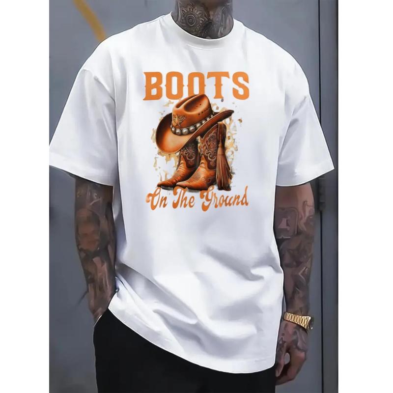 Men’s Western Cowboy Boots Graphic T-Shirt – “Boots On The Ground” Design, White Crew Neck Short Sleeve Tee for Casual & Outdoor Wear – Comfortable, Breathable, Oversized Fit for Men