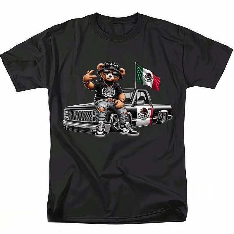 Mens Fashionable Crew Neck T-Shirt – Comfortable Fit,PatternedPrint Mexican Bear with Truck and Flag Tee Fathersdaygift Fabric Tshirt