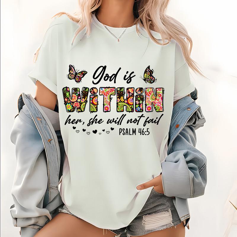Womens God Is Within Her She Will Not Fail Print T Shirt, Christian Short Sleeve Tops, Catholic Tee, Love Faith and Jesus Shirt