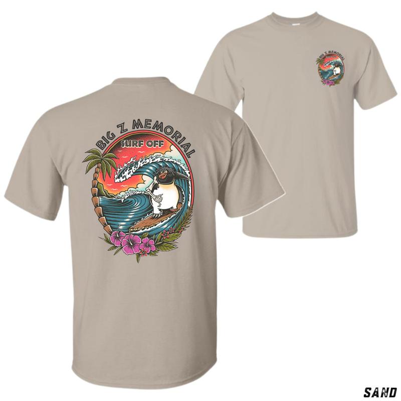 Big Z T-Shirt Summer Clothes, funny surfing penguin tee, tropical wave beachwear, vintage 90s cartoon style, full size and color, comfy cotton top, unisex casual fashion, island streetwear outfit