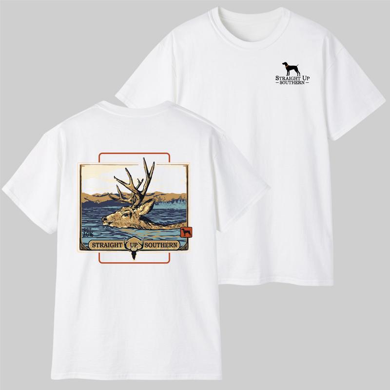 Straight Up Southern TShirt – Bold Deer and Mountain Scene Design, Perfect for Outdoor Enthusiasts and Nature Lovers, Unisex Crewneck Shortsleeve Tee for Everyday Comfort, Menswear Top, Trendy Shirt, Fabric Cotton