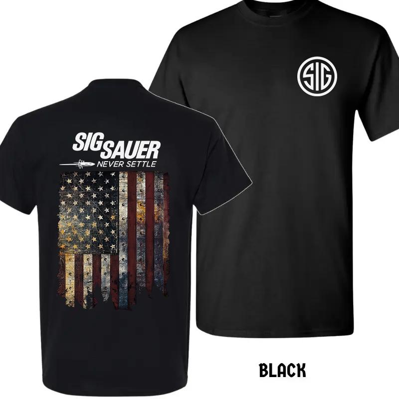 2025 Summer Men’s Sig Sauer Never Settle T-Shirt, Distressed American Flag Graphic Tee, Unisex Short Sleeve Cotton, Patriotic Gift
