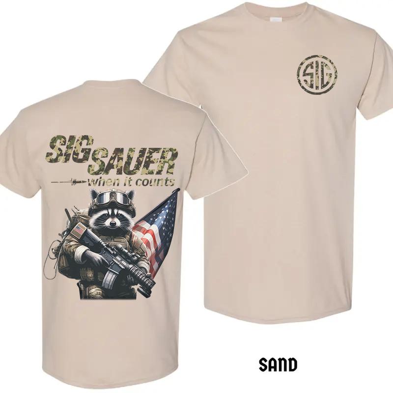 2025 Sig Sauer When It Counts Army Raccoon 2 Sided T-Shirt, Short Sleeve Unisex Casual Cotton T-shirt, Mens Gift, Tactical Gear, Gun Lover