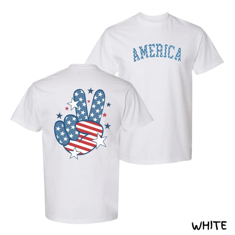 America Peace Sign T-Shirt – Retro USA Flag Stars & Stripes Design, Patriotic 4th of July Tee, Front & Back Print, Unisex Fit, White