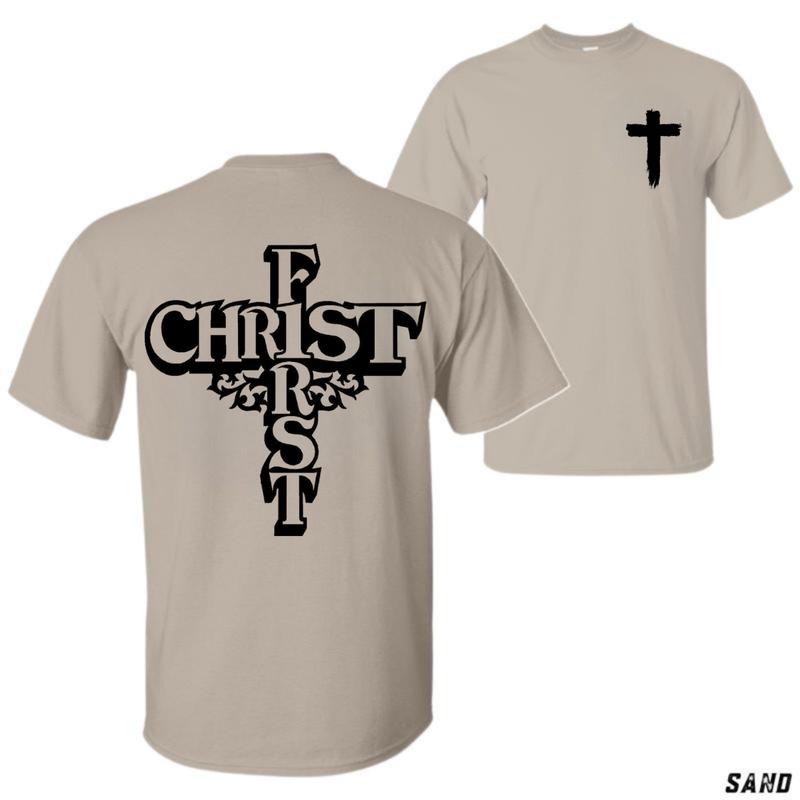Christ First T-Shirt – Unisex Christian Cross Shirt with Bold Vertical Faith Message, Spiritual Apparel for Believers Menswear Tops