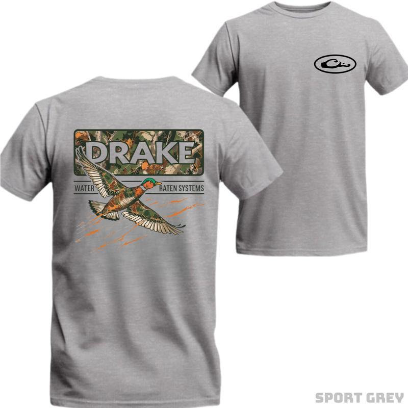 Drake Duck T-Shirt – Featuring Flying Mallard with Camouflage Backdrop and Bold Drake Logo, 2-side Printed for Outdoor Lovers, Unisex Casual Tee, Nature Inspired Style, Hunting Season Pick Breathable