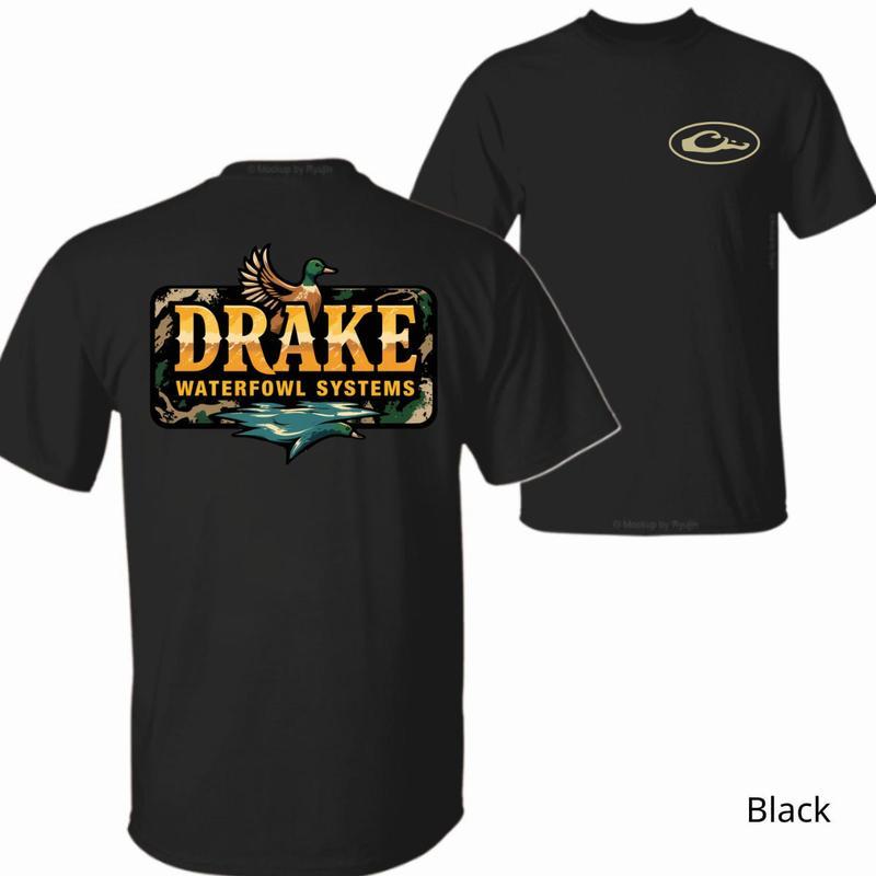 Drake Outdoors T-Shirt – Featuring Flying Duck Over Camo Background with Bold Drake Waterfowl Systems Logo, 2-side Printed for Nature Fans, Unisex Outdoor Tee, Rugged Hunting Style, Fall Pick Top
