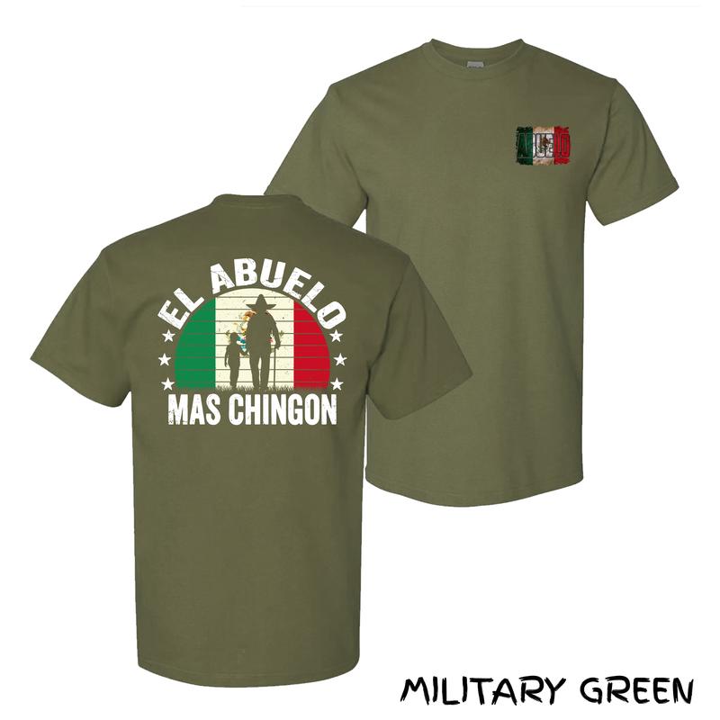 El Abuelo Más Chingón T-Shirt – Bold Mexican Flag Sunset Graphic With Grandpa & Kid Silhouette, Streetwear For Proud Latino Grandpas & Cool Dads, Cotton Menswear With Heritage Pride, Unisex Fit For Family Cookouts