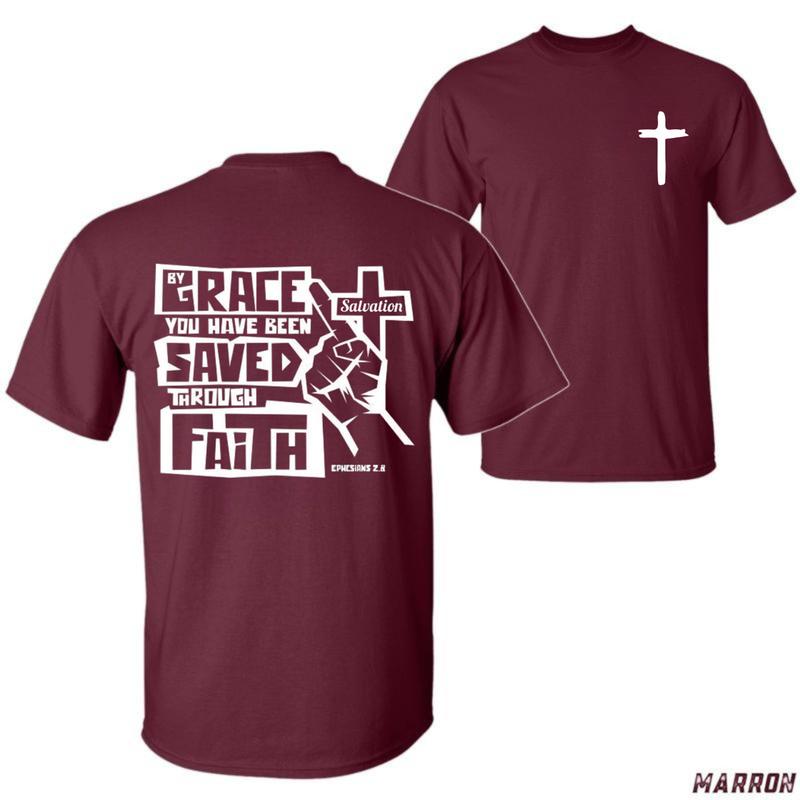 Ephesians 28 Bible Verse T-Shirt – Saved by Grace Through Faith Christian Unisex Tee with Cross and Salvation Graphic Menswear Tops