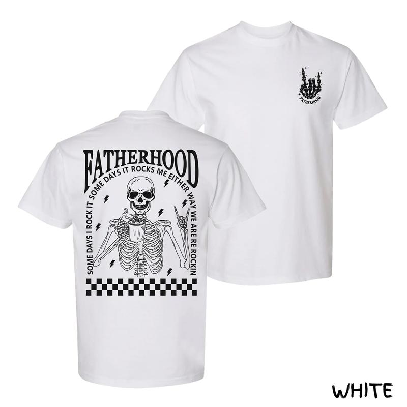 Fatherhood T-Shirt – Rockin’ Skeleton Graphic With “Some Days I Rock It, Some Days It Rocks Me” Quote, Streetwear For Rad Rocker Dads & Cool Fathers, Cotton Menswear For Loud Family Days, Unisex Fit With Rebel Dad Vibe
