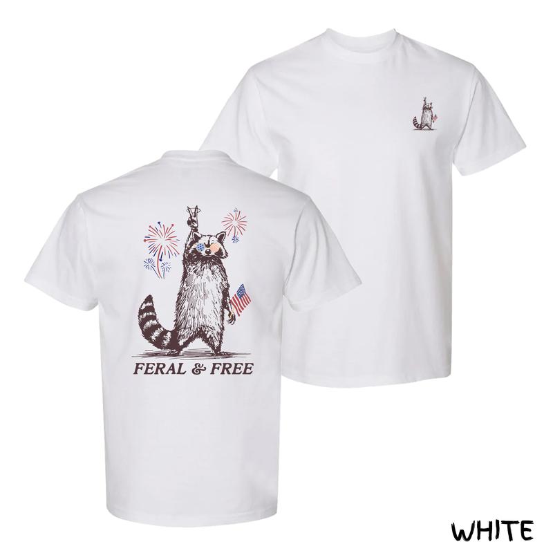 Feral and Free Raccoon T-Shirt – Bold Patriotic Raccoon Graphic With USA Flag & Fireworks, Streetwear For Fun-Loving Dads & Cool Fathers, Cotton Menswear For Independence Day, Unisex Fit With Casual Style, Father’s Day Gift