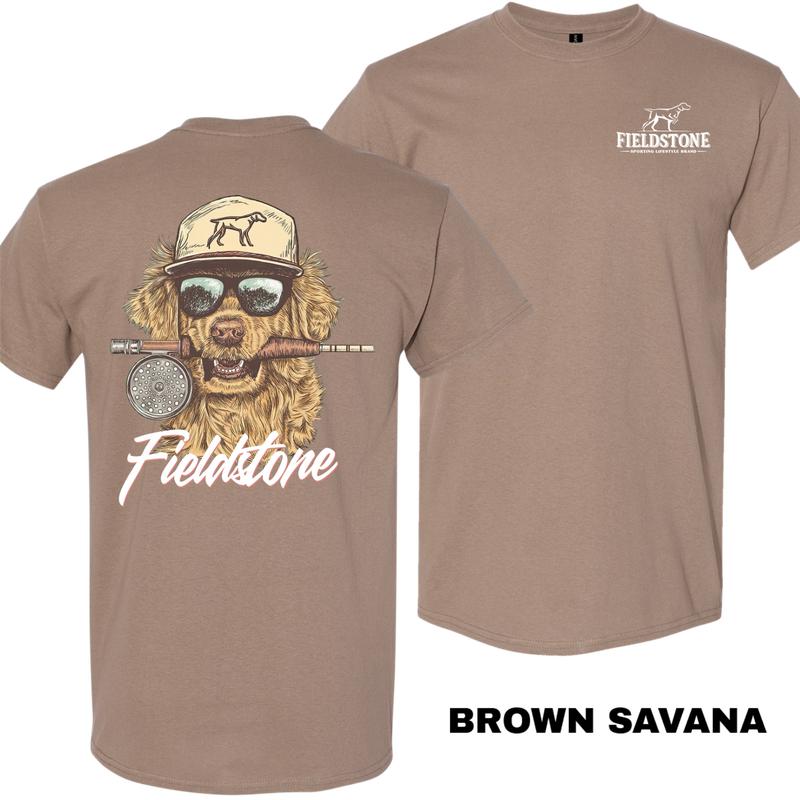 Fieldstone Fly Fishing Dog T-Shirt – Funny Outdoorsman Graphic Tee – Retriever Fishing Shirt for Men, Menswear Tops, Men’s T-shirts