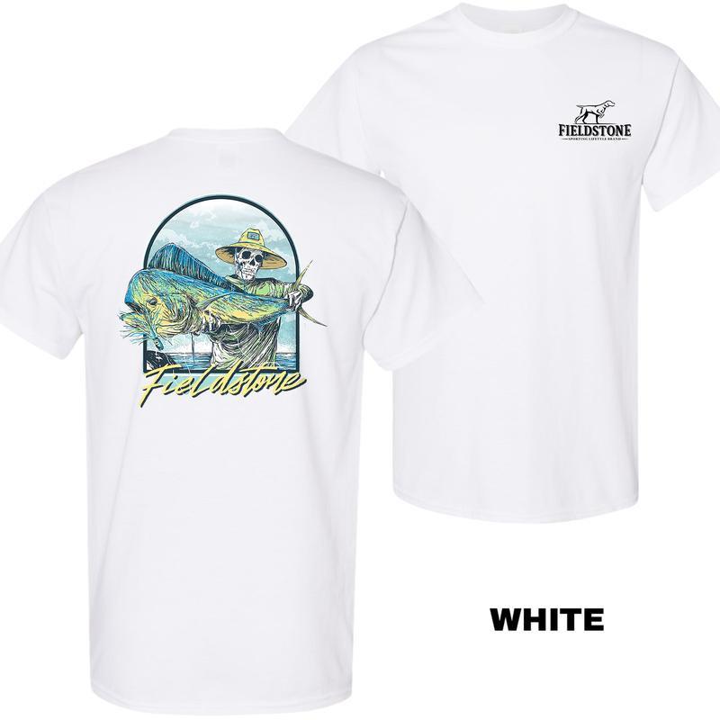 Fieldstone White Mahi Mahi Skeleton Fishing T-Shirt for Men – Southern Coastal Style, Casual Classic Fit, Trendy Graphic Tee, Men’s Clothing