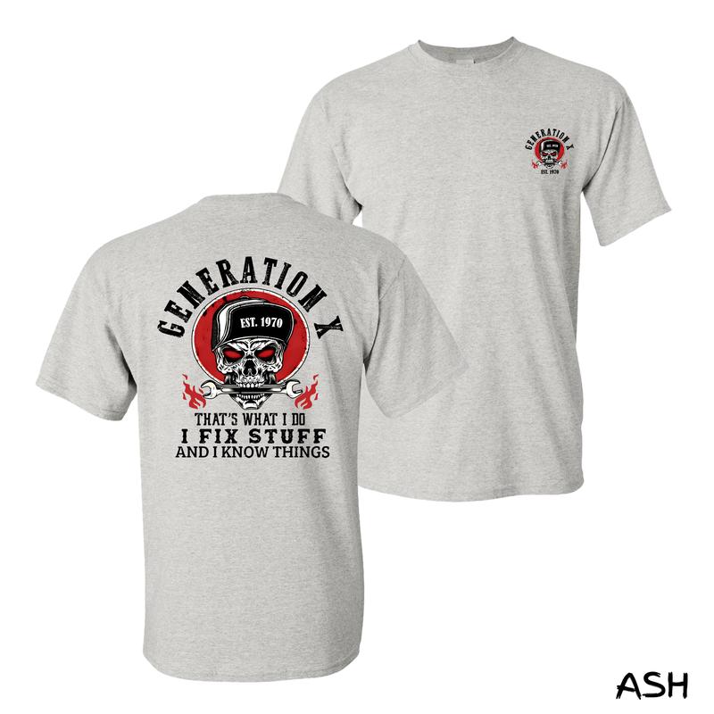 Generation X T-Shirt – Skull Mechanic Graphic With “I Fix Stuff And I Know Things” Quote & Est. 1970 Logo, Streetwear Workwear For Handy Dads & Tough Guys, Cotton Menswear For Garage Life, Unisex Fit With Gritty Vibe