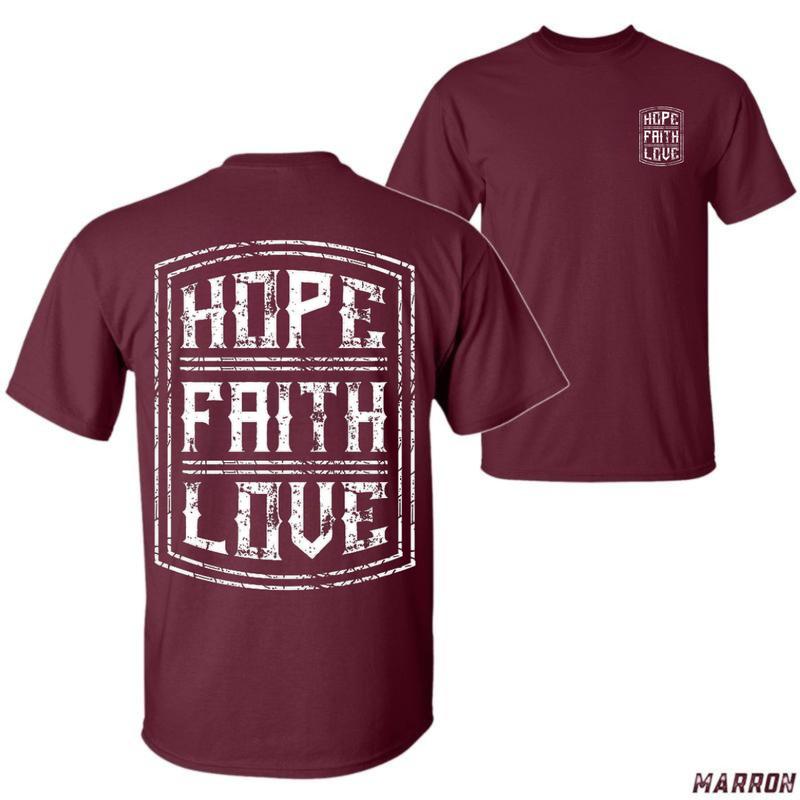 Hope Faith Love T-Shirt – Christian Unisex Shirt with Grunge Typography, Inspirational Religious Tee for Men and Women of Faith Menswear Tops
