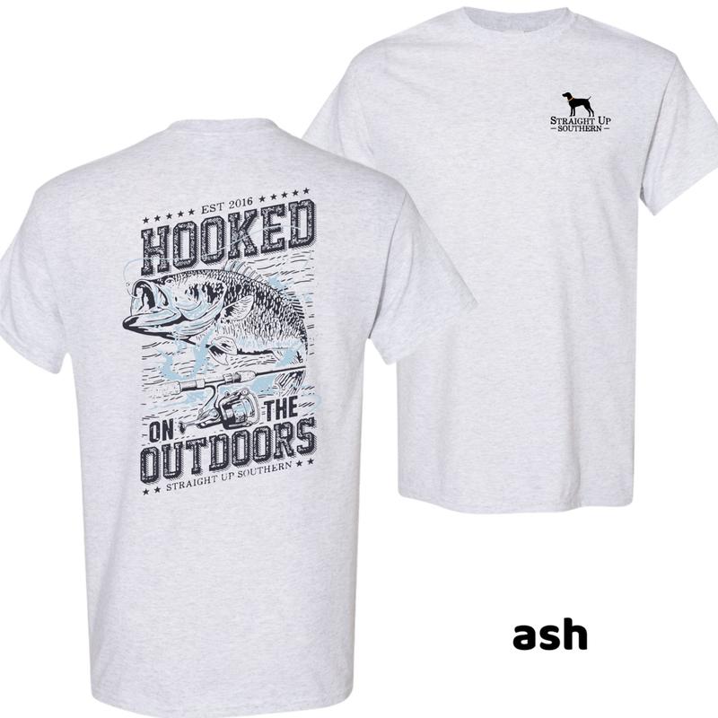 Hooked On The Outdoors Fishing T-shirt, Straight Up Southern Graphic Tee, Classic Fit, Short Sleeve Cotton T-Shirt for Men, Menswear Tops