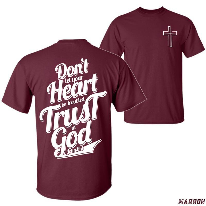 John 141 Bible Verse Shirt – Trust in God Christian Unisex T-Shirt with Inspirational Faith Message and Cross Design Menswear Top Tropical Casual