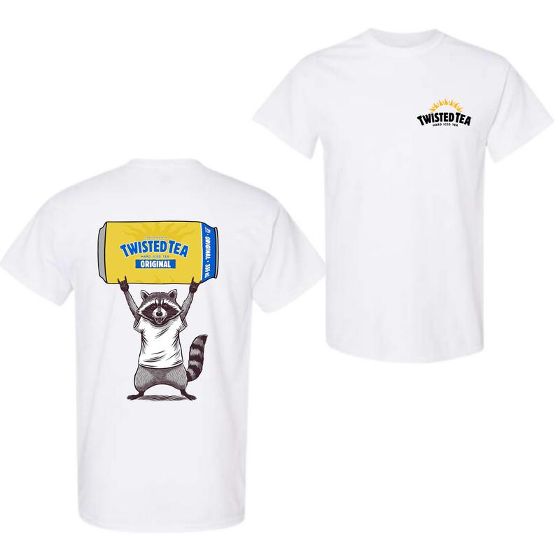 Raccoon with Twisted Tea 2-Sided T-Shirt – Funny Animal Beer Graphic Tee, Summer Streetwear, Unisex Casual Cotton Top, Trendy Menswear, Party Shirt, Gift for HimHer