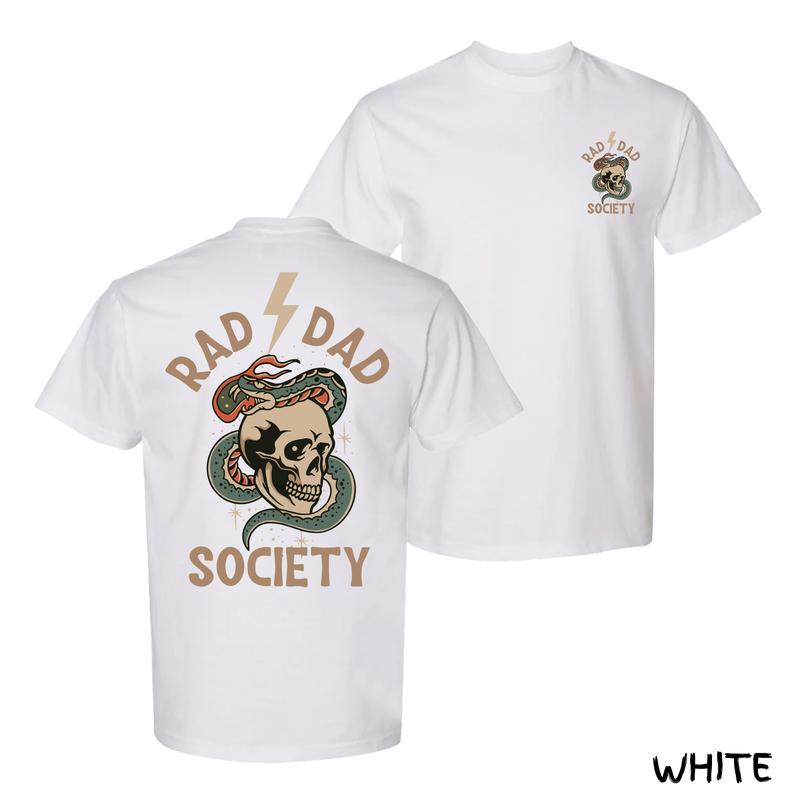 Rad Dad Society T-Shirt – Bold Snake & Skull Tattoo Graphic With Lightning Bolt, Edgy Streetwear Menswear For Cool Alt Dads, Soft Cotton Fit, Perfect Gift For Men & Women