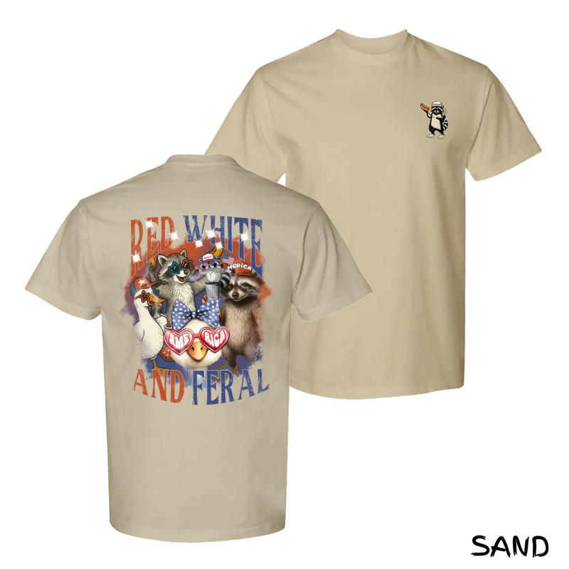 Red White And Feral T-Shirt – Funny ‘Merica Animals Meme Graphic Back & BBQ Raccoon Front Logo, Viral Streetwear For Party Bros & Meme Dads, Soft Cotton Menswear For July 4th Vibes, Unisex Fit, Perfect Gift For Men & Women
