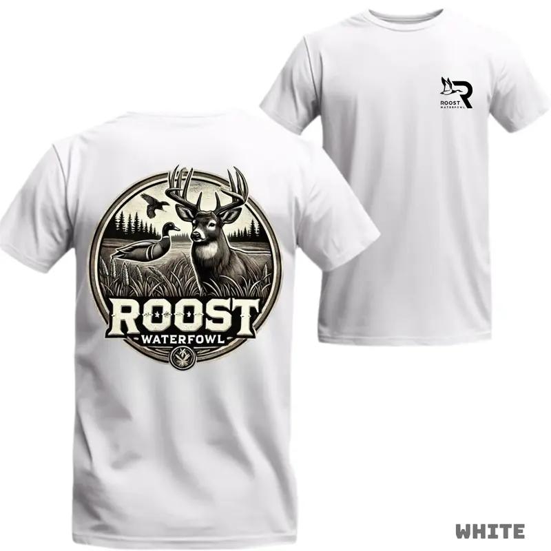 Roost Waterfowl T-Shirt – Featuring Flying Duck Design WithCamo Background, Perfect For Outdoor And Waterfowl Enthusiasts. Menswear Round Neck T-Shirt