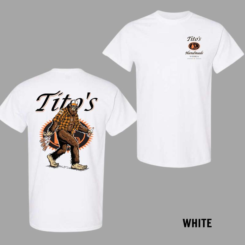 Tito’s Sasquatch T-Shirt, Fun Bigfoot Design With Plaid Shirt And Tito’s Vodka Bottles, Comfortable And Stylish Fashion Top