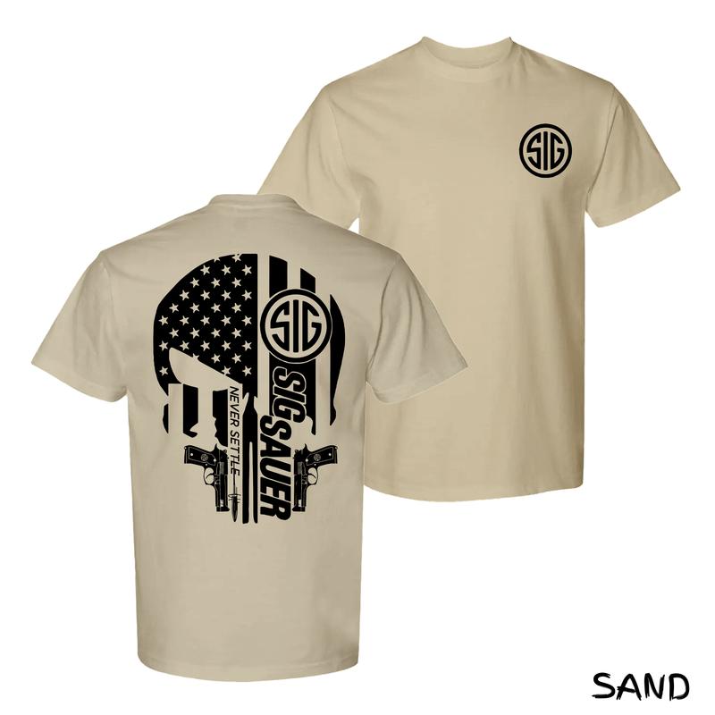 Sig Sauer Skull Flag T-Shirt – Tactical Gun Graphic Tee With American Flag & Pistols, Bold Streetwear Menswear For Dads, Soft Cotton Fit, Perfect Gift For Men & Women