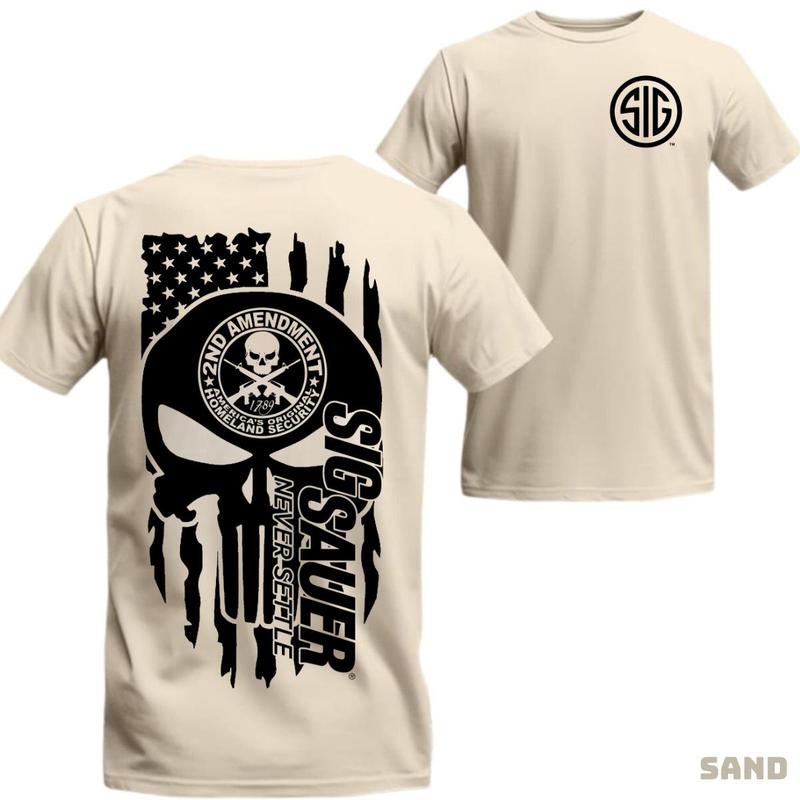 Sig Sauer T-Shirt – 2nd Amendment Skull Graphic with Distressed Flag, Built for Patriots, Gun Owners & Tactical Alpha Vibes