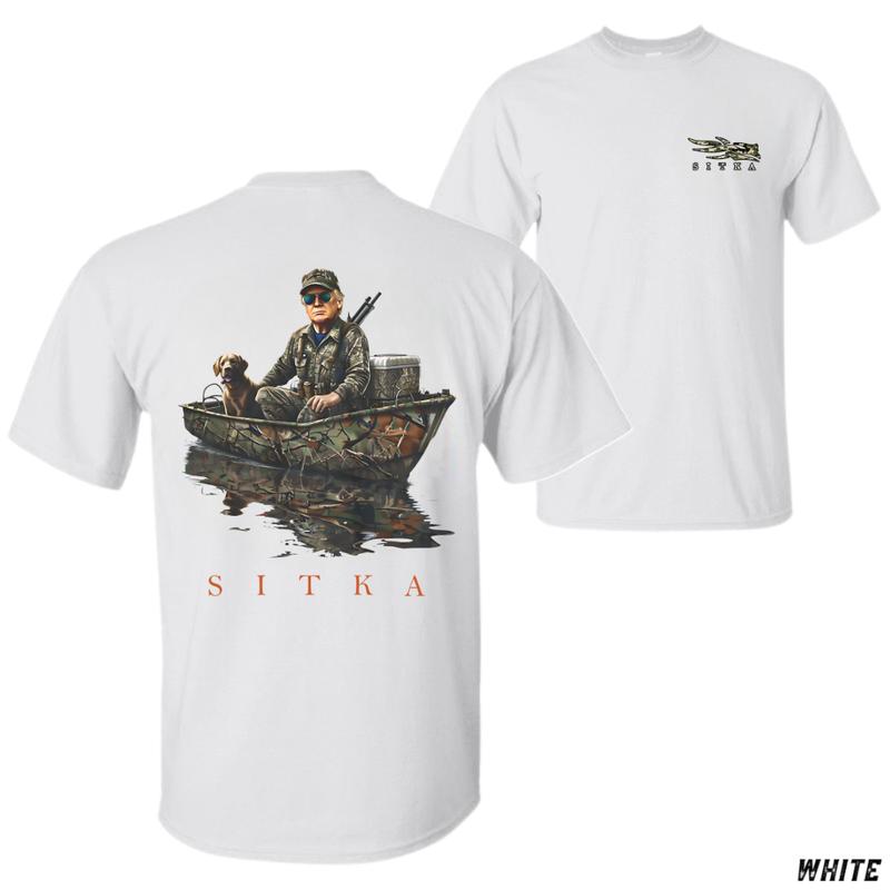 SITKA T-Shirt – Hunter With Dog In Camo Boat Graphic, Realistic Water Reflection, Deepwoods Outdoor Style, SITKA Premium Brand, Unisex Cotton Tee, For Hunting, Outdoor Adventures, Tactical Look, Rugged Gift Idea