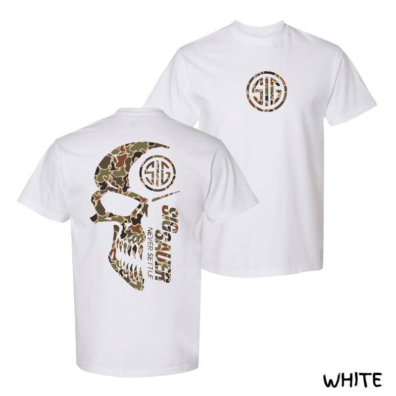 Sig Sauer Camo Skull T-Shirt – Tactical Camouflage Skull Graphic Tee With “Never Settle” Slogan, Patriotic Menswear For Warrior Dads, Cotton Streetwear Fit, Perfect Gift For Men & Veterans