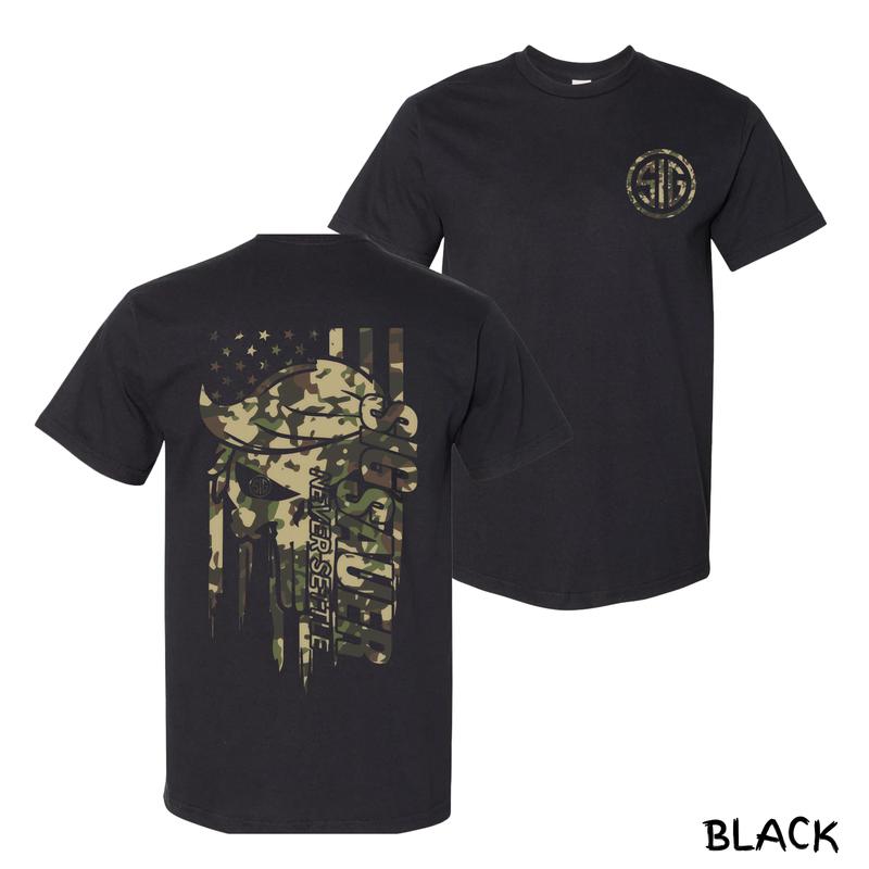 Sig Sauer Camo Skull Flag T-Shirt – Tactical Summer Graphic Tee, Patriotic Cotton Menswear, Streetwear For Gun Lovers & Veterans, Perfect Gift For Men & Women