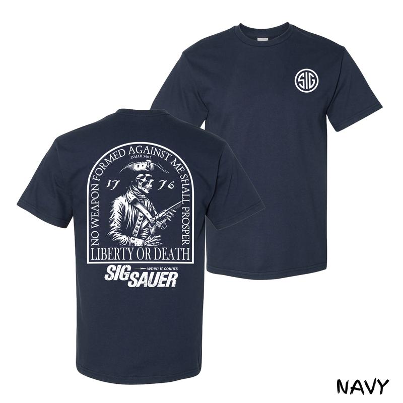 Sig Sauer Liberty Or Death T-Shirt – Revolutionary Skull Graphic Tee With 1776 & Isaiah 5417 Quote, Tactical Menswear For Patriot Dads, Cotton Unisex Fit, Perfect Gift For Men & Women
