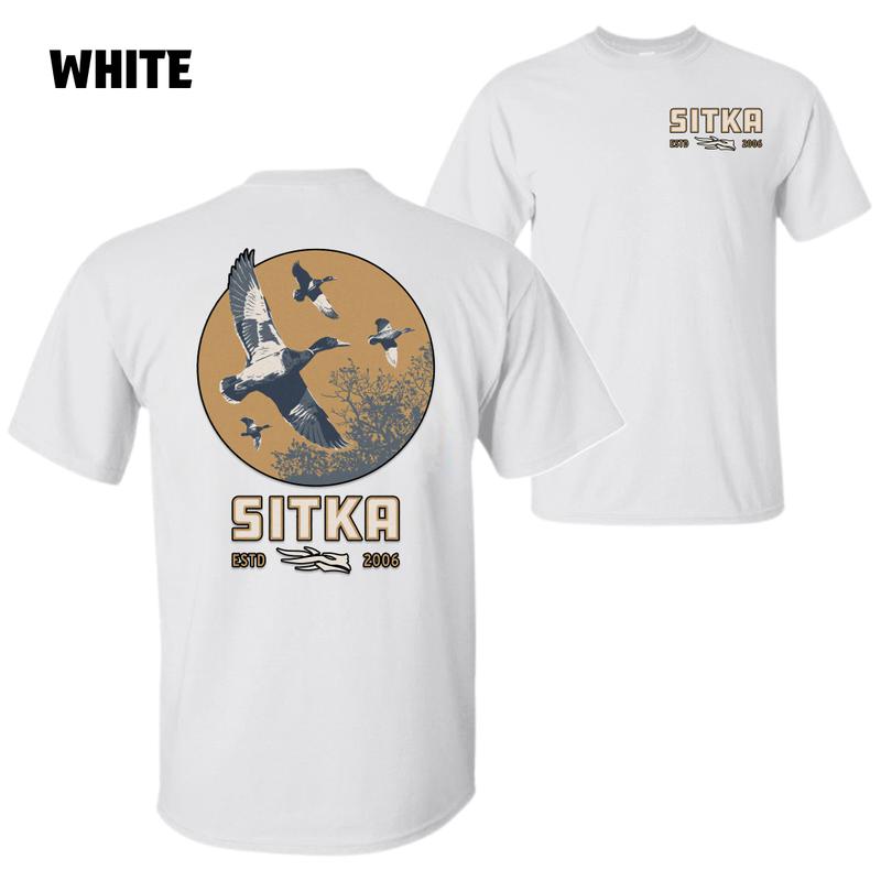 Sitka Duck Hunting T-Shirt – Featuring Flying Mallards with Golden Sky Background, Official Sitka Logo ESTD 2006, Perfect for Waterfowl Hunters and Outdoor Enthusiasts, Unisex Camo Style Tee, Menswear Tops