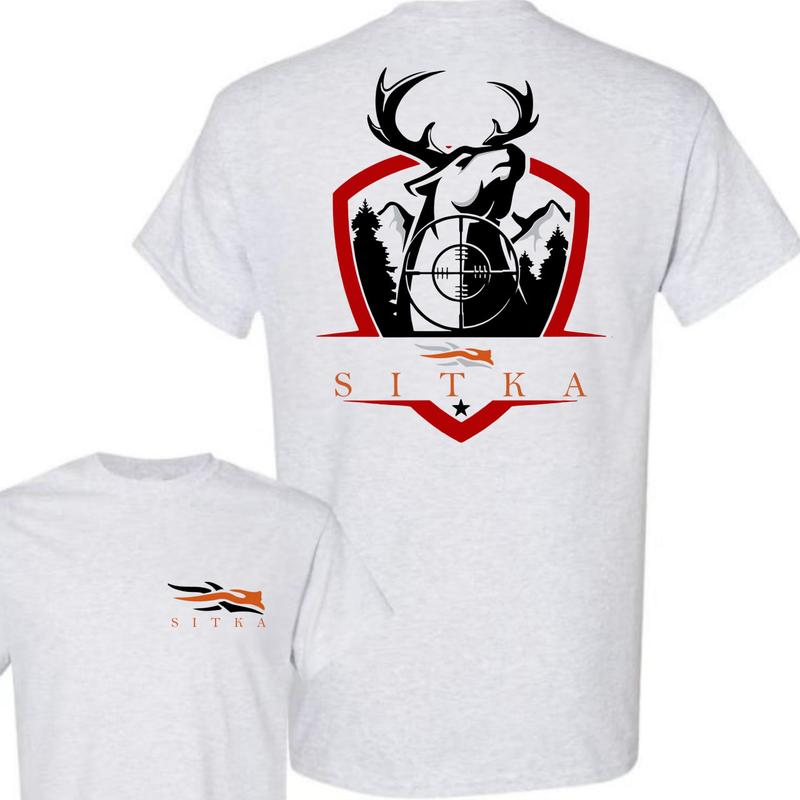 Sitka Hunting Deer T-Shirt – Featuring Bold Buck Head in Scope Graphic with Mountain and Forest Shield, Ideal for Hunters and Outdoor Fans, Menswear Top
