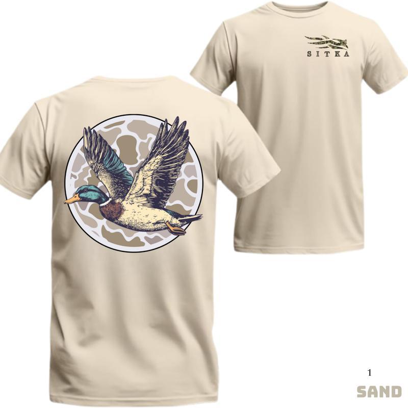 Sitka T-Shirt – Flying Mallard Duck Graphic with Circular Camo – Fashion Cotton Graphic Tees T-Shirt Streetwear Crewneck Menswear Tops Casual