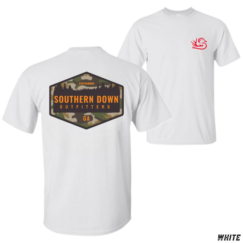 Southern Down Outfitters T-Shirt – Bold Orange Logo over Camo Patch with Forest Silhouette , Georgia Outdoor Style , Unisex T-Shirt , Daily Wear , Hunting Apparel , Southern Lifestyle Vibes, Cotton, Menswear