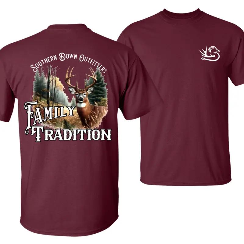 Southern Down Outfitters T-Shirt – Shirt with Classic Back Illustration of a Rack-Bearing Deer in the Pines, Framed by “Southern Down Outfitters” and the Words “Family Tradition,” Perfect for Proud Hunters