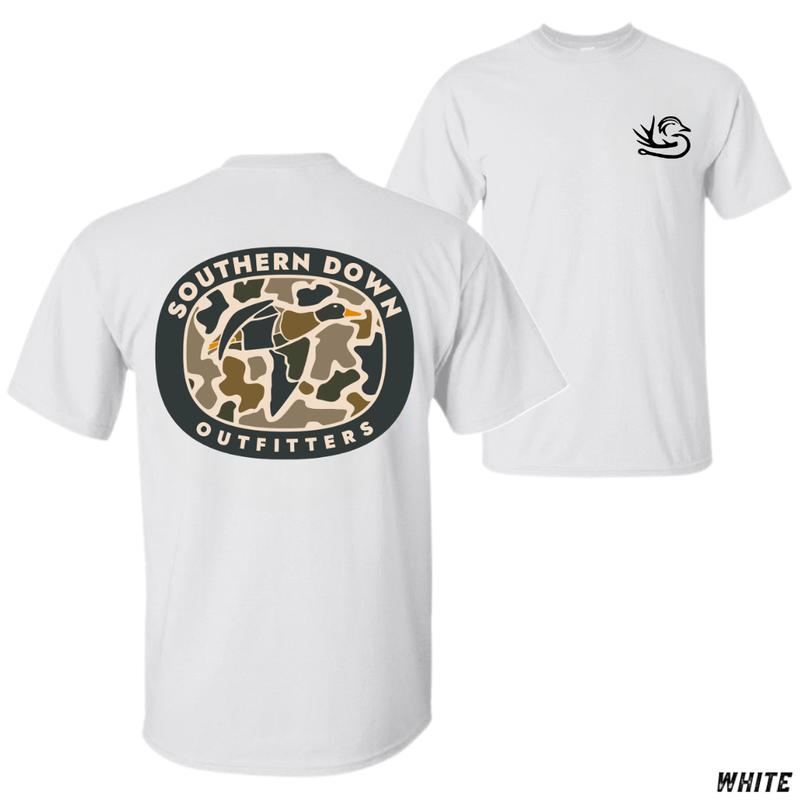 Southern Down Outfitters T-Shirt, Camo Duck And Logo Graphic, Small Duck Front Logo, Perfect For Hunters, Outdoor And Adventure Shirt, Unisex T-Shirt, Casual Wear, Gift For Dad, Cotton, Menswear, Tops