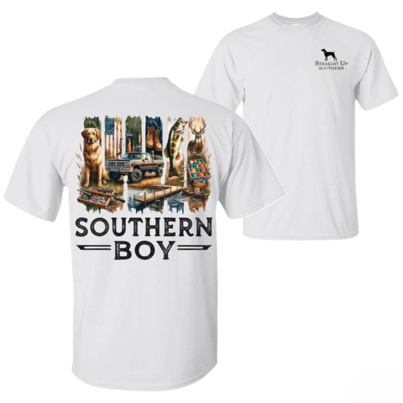 Southern Boy T-Shirt – Straight Up Southern Graphic Tee with Dog, Truck, Bass & Boots, Unisex Country Lifestyle Outdoor Outfits