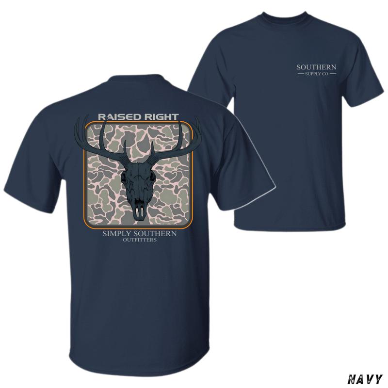 Southern Supply Co. Raised Right T-Shirt – Bold Buck Skull Over Camo Print, Southern Hunting Style With Patriotic Vibes , Great Gift For Hunters, Outdoorsmen, Country Pride Tee, Unisex Fit, Cotton, Menswear, Tops Classic