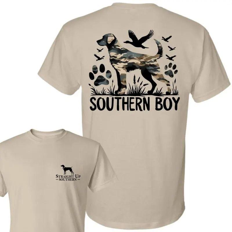 Southern Dog 2 Sided Unisex T-Shirt, Southern Boy Camo Hunting Shirt, Outdoors Life Cotton Tee, For Men and Women, Apparel Printed In The USA