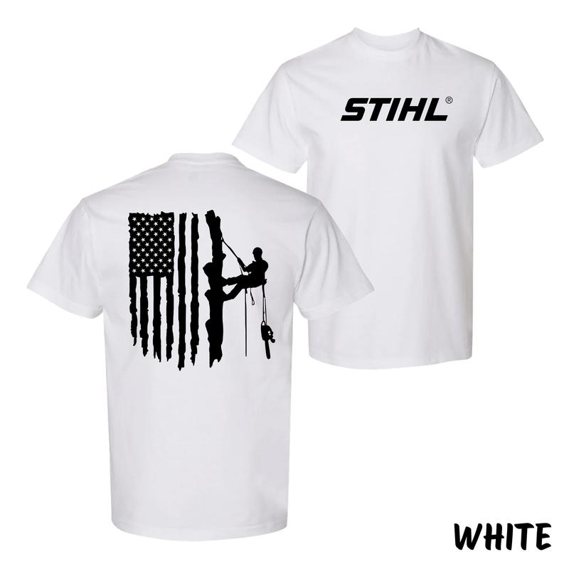 STIHL Tree Climber American Flag T-Shirt – Bold Arborist Graphic With Chainsaw & Flag Silhouette, Streetwear For Outdoorsmen & Hardworking Dads, Cotton Menswear For Blue Collar Pride, Unisex Fit With Rugged Vibes, Perfect G