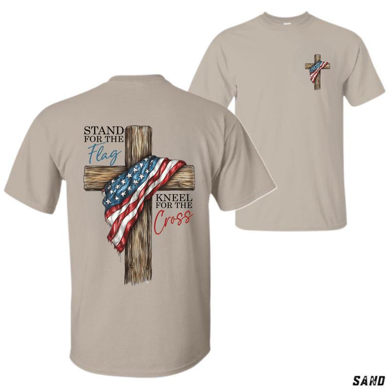 Stand for the Flag Kneel for the Cross T-Shirt – Christian Patriotic Graphic Tee for Unisex with USA Flag & Wooden Cross Design Menswear Tops