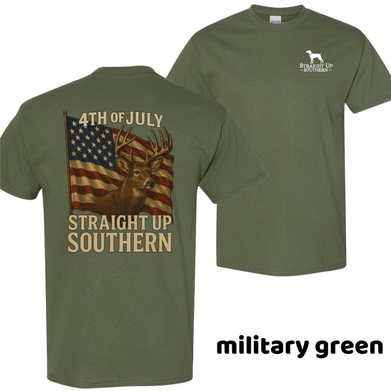 Straight Up Southern 4th of July T-Shirt – Patriotic Deer Hunting Graphic Tee for Men, Casual Streetwear USA Top, Short Sleeve