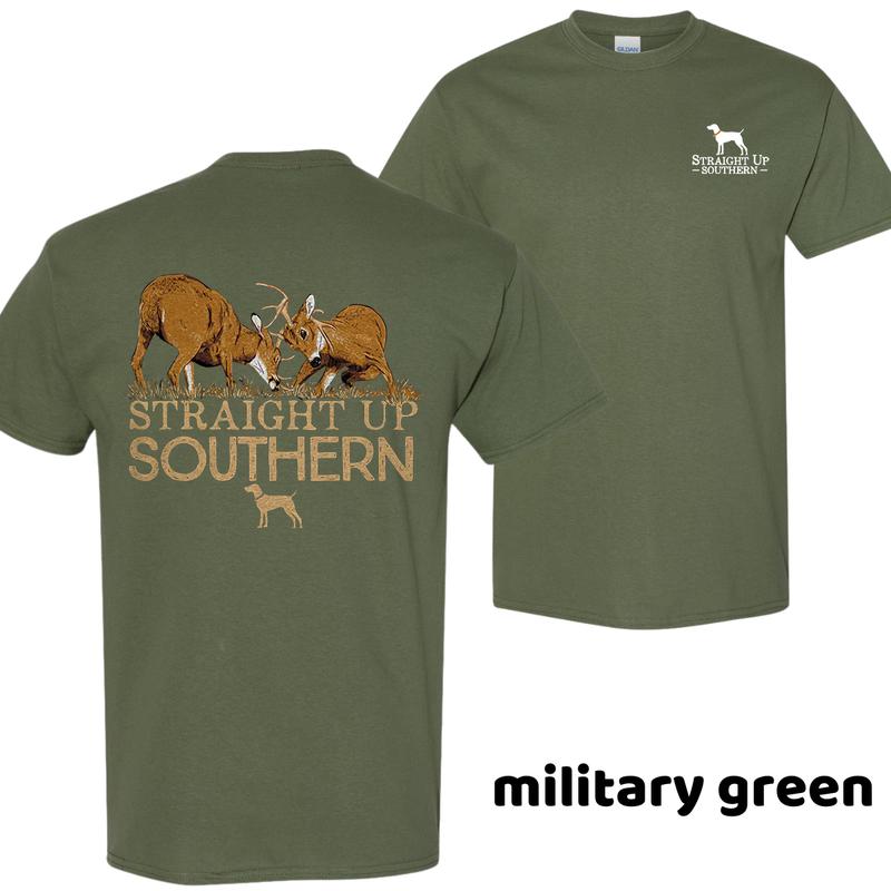 Straight Up Southern Deer Fight T-Shirt – Buck Hunting Graphic Tee for Men, Country Outdoors Style