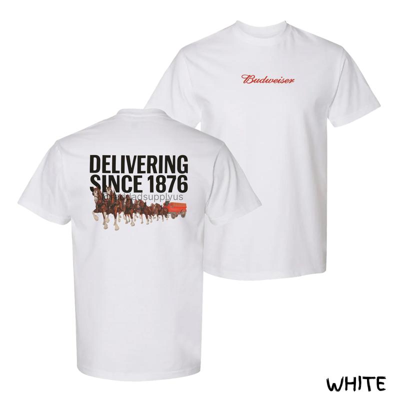 The Budweiser Heritage Tee – Featuring Clydesdale Horse Wagon Graphic with “Delivering Since 1876” Slogan, Perfect for Beer Lovers and History Fans, Unisex T-Shirt for Classic American Style, Gift for Budweiser Collectors
