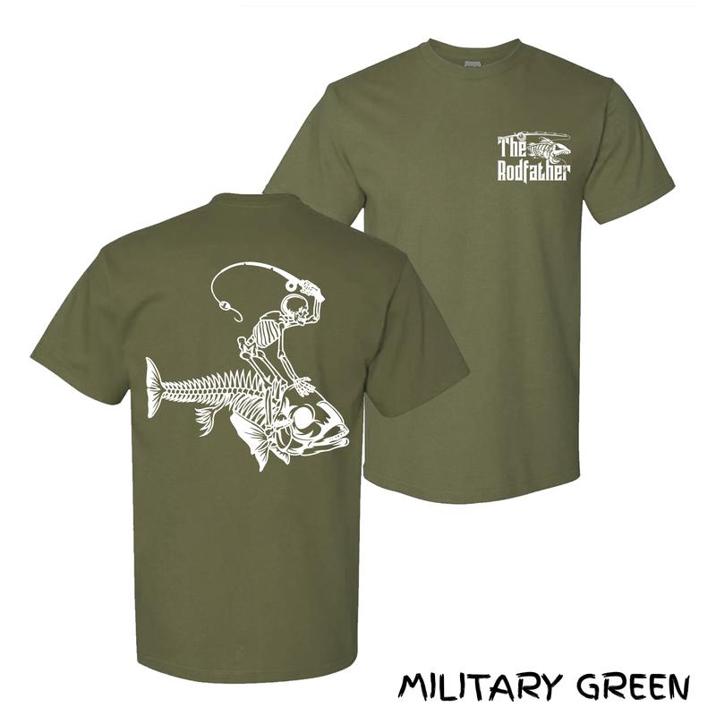 The Rodfather Fishing T-Shirt – Skeleton Angler Riding Fish Bone Graphic With Funny Parody Text, Streetwear Menswear For Hardcore Fishing Dads, Soft Cotton Fit, Perfect Gift For Men & Women
