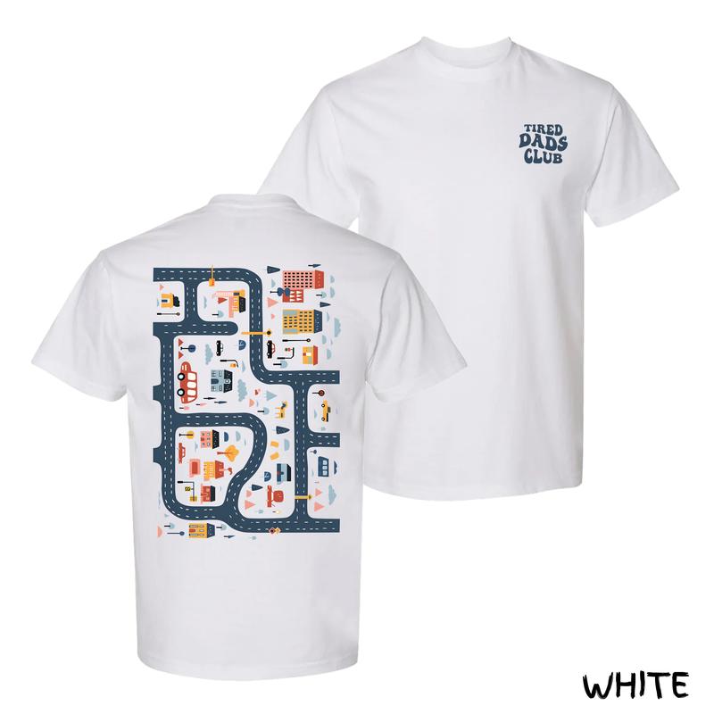 Tired Dads Club Road Map T-Shirt – Funny Playmat Graphic Tee For Kids To Drive Toy Cars On Dad’s Back, Streetwear Menswear For Exhausted Fathers, Soft Cotton Fit, Perfect Gift For Dads