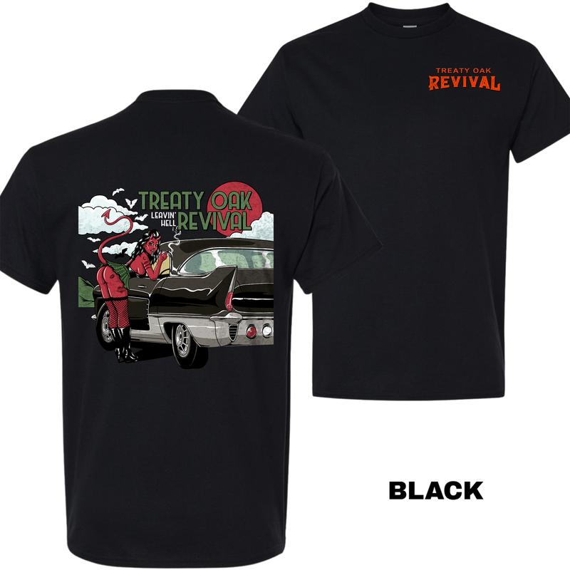 Treaty Oak Revival Leavin’ Hell Shirt – Retro Devil Graphic Tee For Men and Women, Country Rock Band Merch, Outlaw Southern Style, Menswear