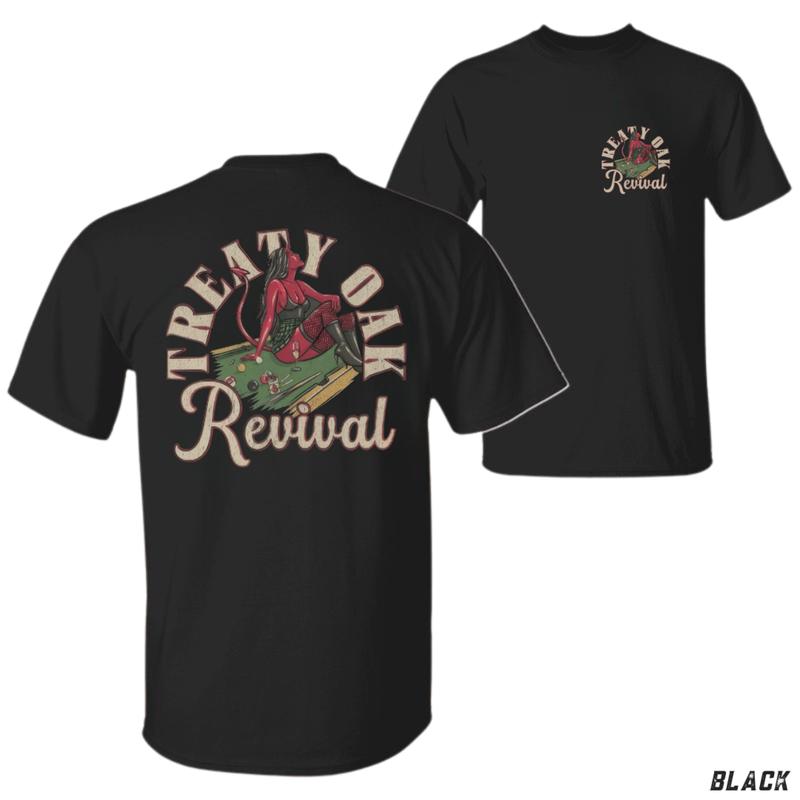 Treaty Oak Revival T-Shirt, Devil Girl Pool Graphic Tee, Vintage Bar Shirt, Rockabilly Style Tee, Music Lover Shirt, Gift for Him, Tattoo Art Shirt, Men Round Neck, Unisex – Menswear, Top
